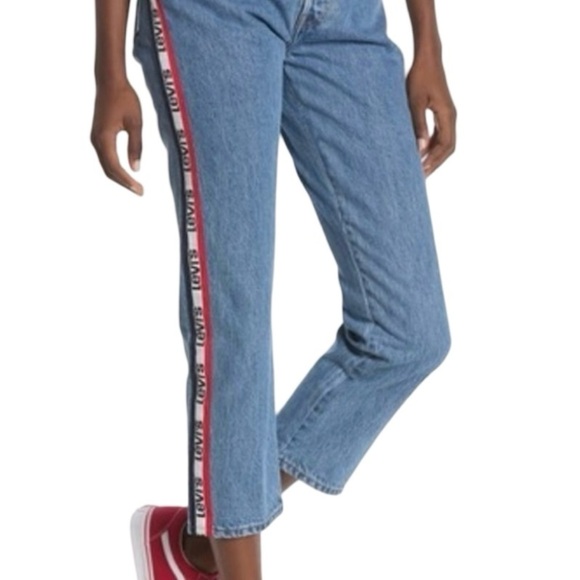LEVIS 501 Vintage Spell Out Logo Tape Button Fly Cropped Denim Blue Jeans 25X26 - Picture 1 of 14